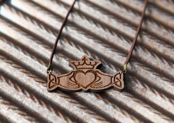 Claddagh Necklace Made of Walnut Wood and Leather. the Pendant is Two Hands  Holding a Crowned Heart Representing Love, Loyalty & Friendship - Etsy