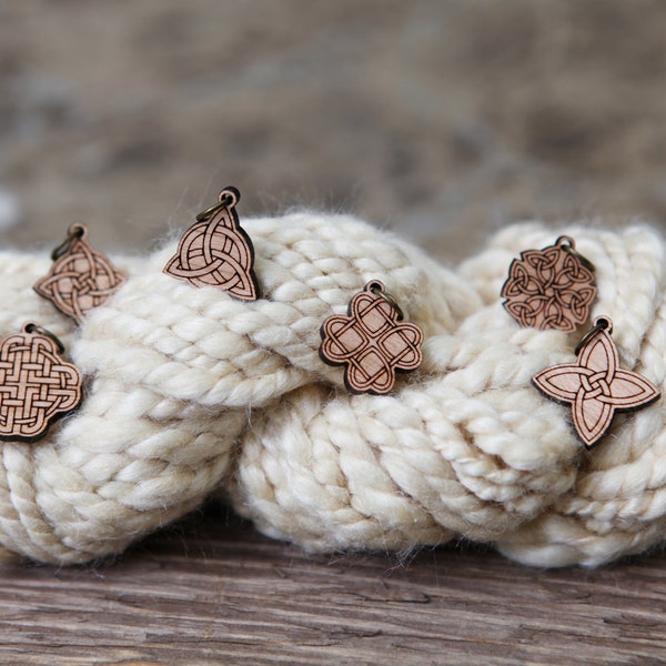 Celtic Knots Stitch Markers for knitting made from cherry wood- Set of 6 - Unbroken Woven Designs