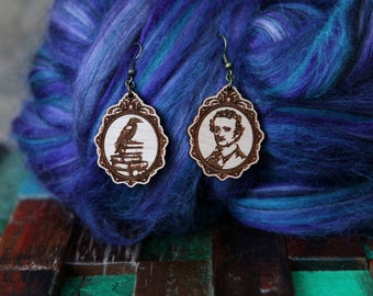 Raven Earrings made from cherry wood; great for those who love Edgar Allan Poe. Vintage style picture frames with Poe and Raven.