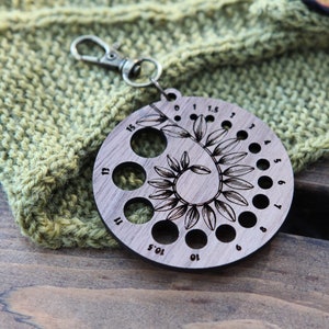 Knitting Needle Gauge Guide with Coiled Leaves in a Spiral  - Walnut Wood with Bronze Clasp for knitters