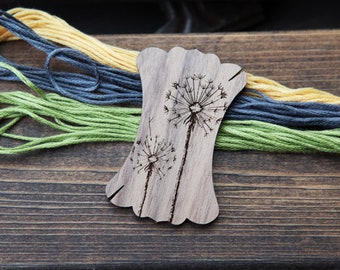 Dandelion Flower Embroidery Floss Thread Card Winders Made from Walnut Wood. Wind your floss, yarn or threads to keep them organized.