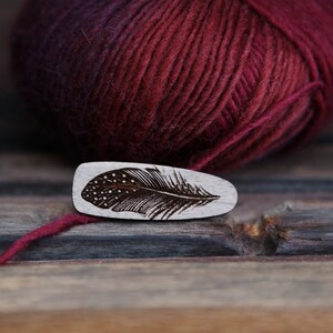 Clip for yarn ball or hair. Engraved wood clip with bird feather. Great for loose ends on yarn or hair barrette. image 9