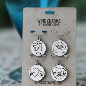 Valentine Charms for Wine and Beverage Glasses. Set of 4 made from maple wood. Great for Valentine&#39;s Day, a gift of love or romantic dinner.