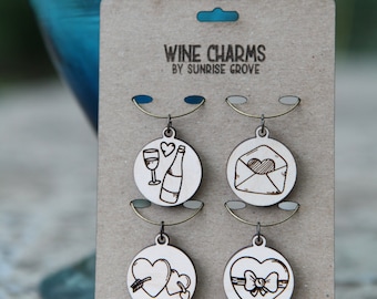 Valentine Charms for Wine and Beverage Glasses. Set of 4 made from maple wood. Great for Valentine's Day, a gift of love or romantic dinner.