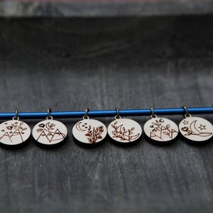 Moonflower and Stars Knitting Stitch Markers made from maple wood Set of 6 Moon flowers, moon and stars with mountains image 6