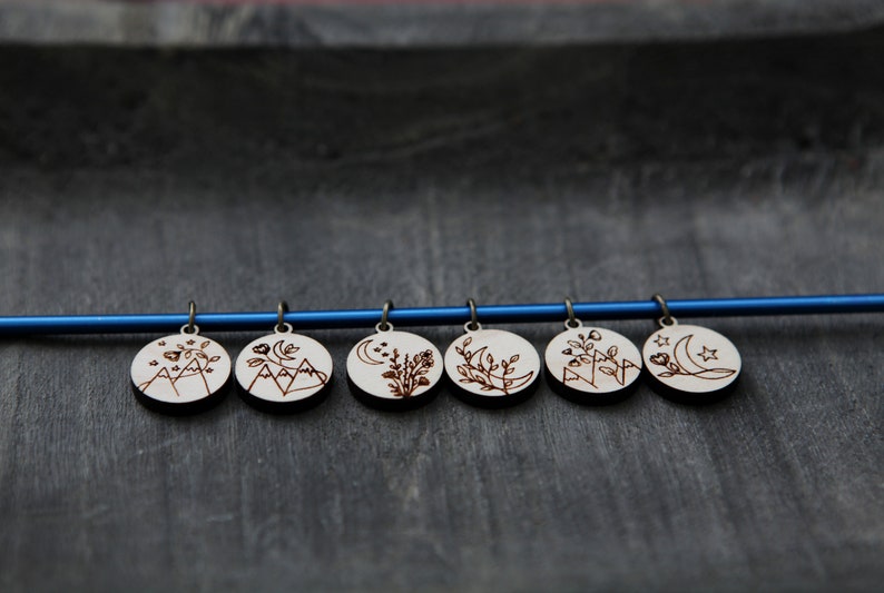 Moonflower and Stars Knitting Stitch Markers made from maple wood Set of 6 Moon flowers, moon and stars with mountains image 6