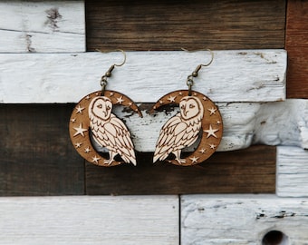 Owls with Crescent Moon and Stars Earrings made from maple wood ; great for those who love the night sky and birds