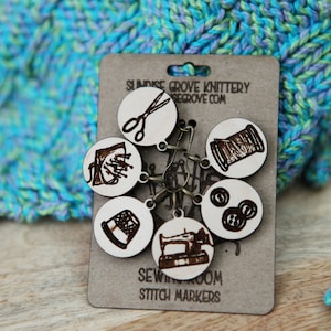 Knitting Stitch Markers - Maple- Set of 6 - Sewing Room includes thread, machine, buttons, needle cushion, thimble and scissor icons