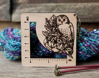 Owl with Plants and Flowers Gauge Swatch Measurement Ruler in Inches and Centimeters Cherry Wood with Bronze Clasp - For Knit and Crochet
