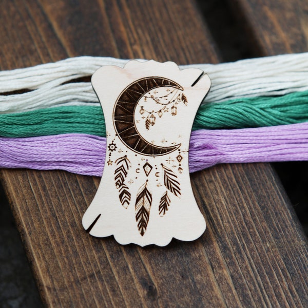 Crescent Moon and Feathers Embroidery Floss Thread Card Winders Made from Maple Wood. Wind your floss, yarn & threads to keep them organized