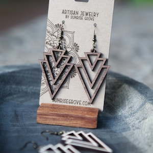 Inverted Triple Triangle Wood Earrings, 3 layers of triangles upside down