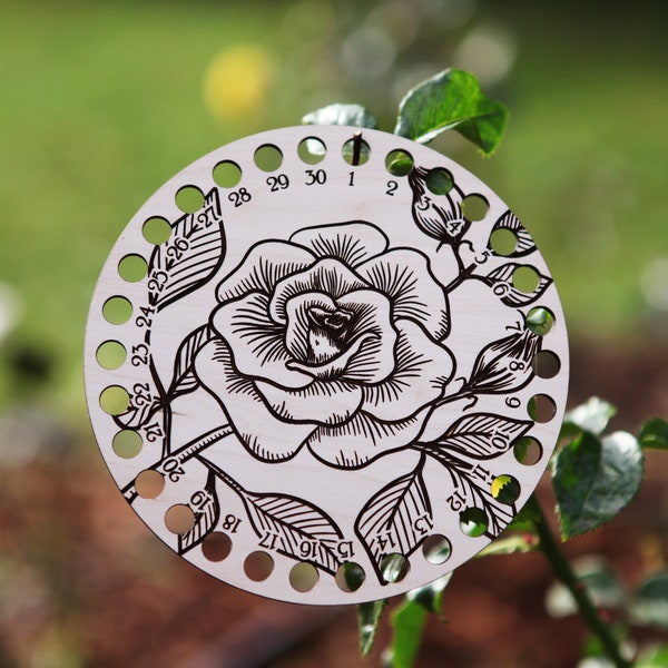 Rose Bush Flower with Leaves Embroidery Floss Thread Storage Holder- 30 Hole Circle Maple Wood to store your cross stitch needlepoint yarn