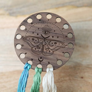 Mystical Moth with Moon and Eye Embroidery Floss Thread Storage Holder Circle Walnut Wood to store your cross stitch needlepoint yarn image 5
