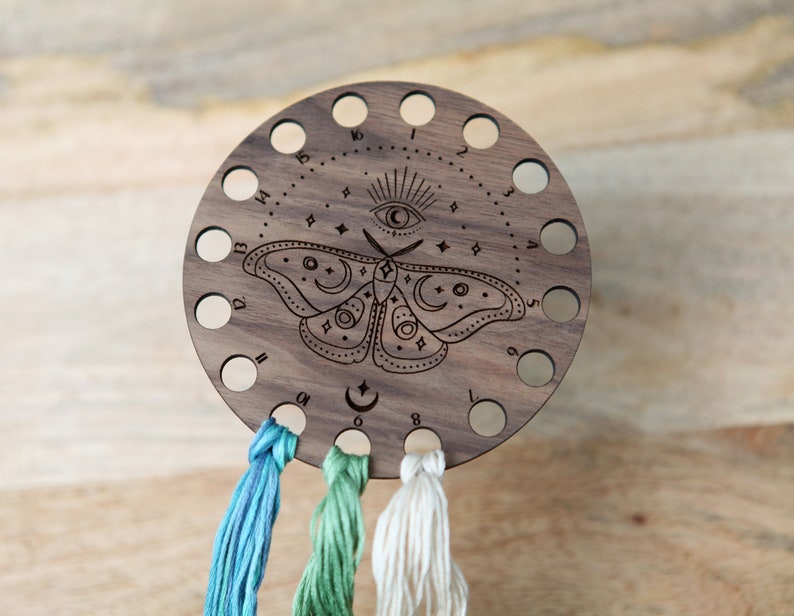 Mystical Moth with Moon and Eye Embroidery Floss Thread Storage Holder Circle Walnut Wood to store your cross stitch needlepoint yarn image 5