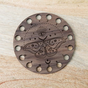 Mystical Moth with Moon and Eye Embroidery Floss Thread Storage Holder Circle Walnut Wood to store your cross stitch needlepoint yarn image 3