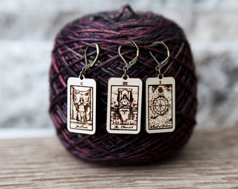 Tarot Cards removable knitting progress keepers and crochet stitch markers. Set of 3 of Justice, Wheel of Fortune and The Chariot.