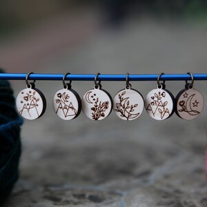 Moonflower and Stars Knitting Stitch Markers made from maple wood Set of 6 Moon flowers, moon and stars with mountains image 2
