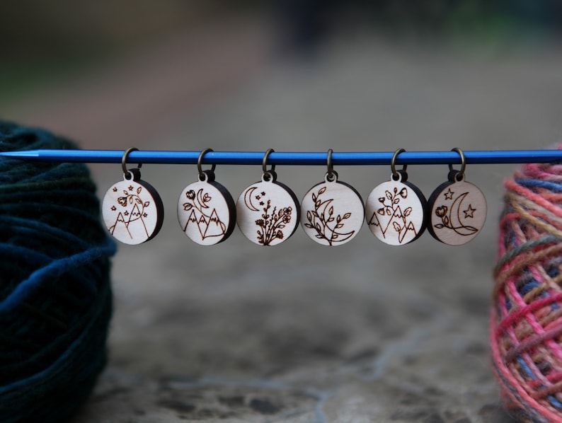 Moonflower and Stars Knitting Stitch Markers made from maple wood Set of 6 Moon flowers, moon and stars with mountains image 2