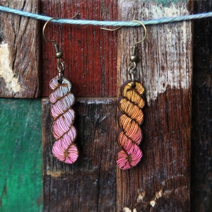 Yarn hank earrings. Choose from a mix of colors or bare wood look. Great for those into fiber yarns and yarn skeins, hanks, balls etc.