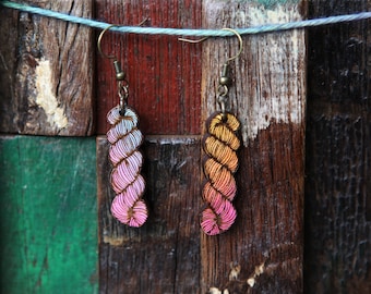 Yarn skein earrings. Choose from a mix of colors or bare wood look. Great for those into fiber yarns and yarn hanks.