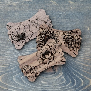Set of Peony, Magnolia and Dahlia Embroidery Floss Thread Card Winders Made from Walnut Wood. Wind your floss threads to keep them organized
