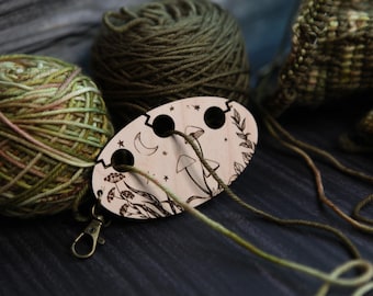 Mushroom in night sky knitting & crochet yarn separator. Yarn divider with three holes for colorwork, made from maple wood.