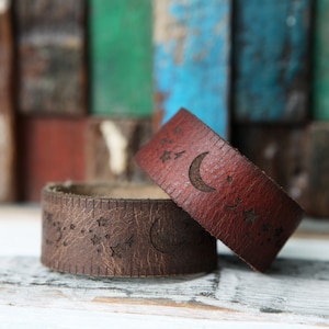 Moon & Stars Leather Ruler Cuff made from reclaimed distressed leather with bronze stud. Great for measuring knitting, sewing fiber project