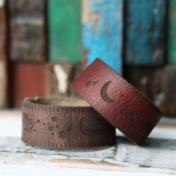 Moon & Stars Leather Ruler Cuff made from reclaimed distressed leather with bronze stud. Great for measuring knitting, sewing fiber project