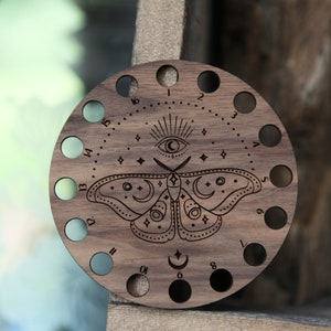 Mystical Moth with Moon and Eye Embroidery Floss Thread Storage Holder Circle Walnut Wood to store your cross stitch needlepoint yarn image 6
