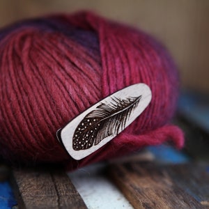 Clip for yarn ball or hair. Engraved wood clip with bird feather. Great for loose ends on yarn or hair barrette. image 10