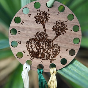 Cactus Desert Plant Embroidery Floss Thread Storage Holder - Cacti Flower Circle Walnut Wood to store your cross stitch needlepoint yarn