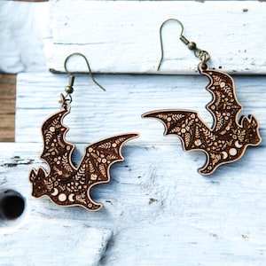 Maple Wood Vampire Bat Earrings: Gothic Halloween Jewelry