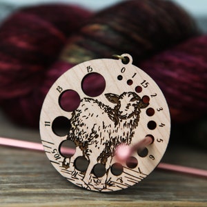 Knitting Needle Gauge Guide with a sheep standing on a grassy hill Cherry wood with bronze clasp image 2