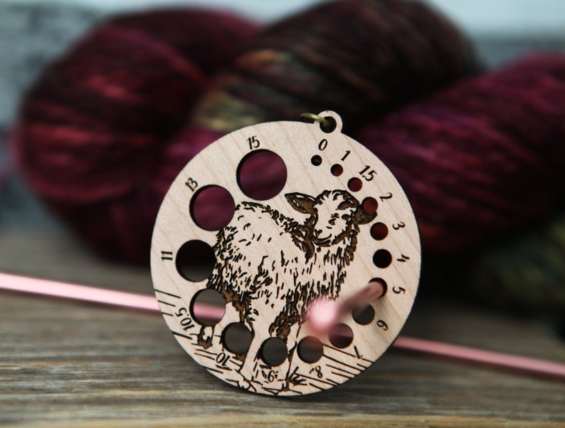 Knitting Needle Gauge Guide with a sheep standing on a grassy hill Cherry wood with bronze clasp image 2