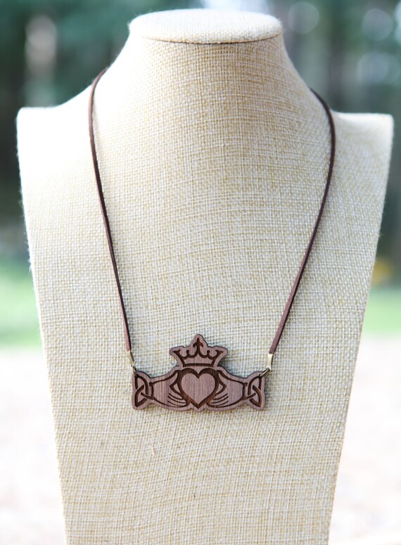 Claddagh Necklace Made of Walnut Wood and Leather. the Pendant is Two Hands  Holding a Crowned Heart Representing Love, Loyalty & Friendship - Etsy