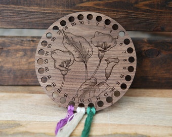 Lily Flower Embroidery Floss Thread Storage Holder- 30 Hole Circle Lilies Walnut Wood to store your cross stitch needlepoint yarn