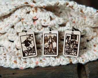 Tarot Cards removable knitting progress keepers and crochet stitch markers. Set of 3 of The Fool, Death and Temperance.