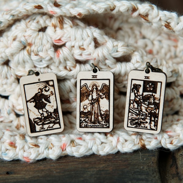 Tarot Cards removable knitting progress keepers and crochet stitch markers. Set of 3 of The Fool, Death and Temperance.
