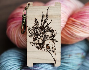 Raven Skull with Flowers and Leaves Spinners Control Tool , WPI (Wraps per Inch) Ruler made from cherry wood for yarn gauge