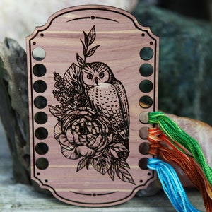 Owl Bird with Flowers Embroidery Floss Thread Storage Holder from cedar wood to store your cross stitch and needlepoint yarn