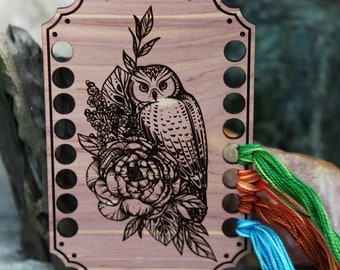 Owl Bird with Flowers Embroidery Floss Thread Storage Holder from cedar wood to store your cross stitch and needlepoint yarn