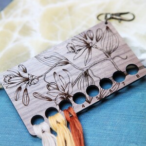 Vanilla Bean and Flower Plant Embroidery Floss Thread Storage Holder - Rectangle Walnut Wood to store your cross stitch needlepoint