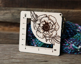 Peony Flower Gauge Swatch Measurement Ruler in Inches and Centimeters -Maple Wood with Bronze Clasp - For Knit, Crochet and other Fiber Arts