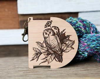 Owl  Spinners Control Tool WPI (Wraps per Inch) Ruler and Twist Angle Gauge for yarn, Owl with plants and flowers; cherry wood