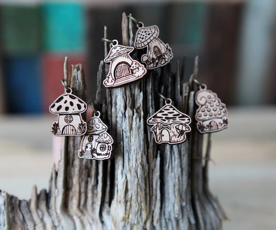 Mushroom Houses Stitch Markers for knitting and crochet, made from cherry wood- Set of 6 magical shroom homes for elves, gnomes and fairies