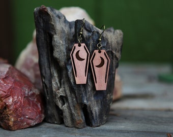 Coffin Earrings with Crescent Moon made from  cedar wood; great for those who love macabre, death or just for fun on Halloween