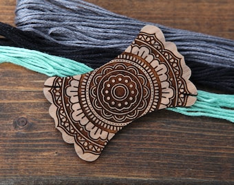 Mandala Embroidery Floss Card Winders Made from Walnut Wood. Thread bobbin to wind your floss, yarn or threads to keep them organized.