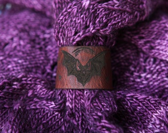 Vampire Bat under the Moon Shawl Cuff, made from leather with a bronze stud. Great for your knitted and crocheted scarves, shawls and cowls.