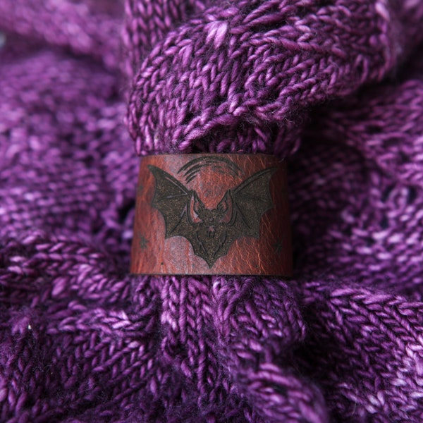 Vampire Bat under the Moon Shawl Cuff, made from leather with a bronze stud. Great for your knitted and crocheted scarves, shawls and cowls.