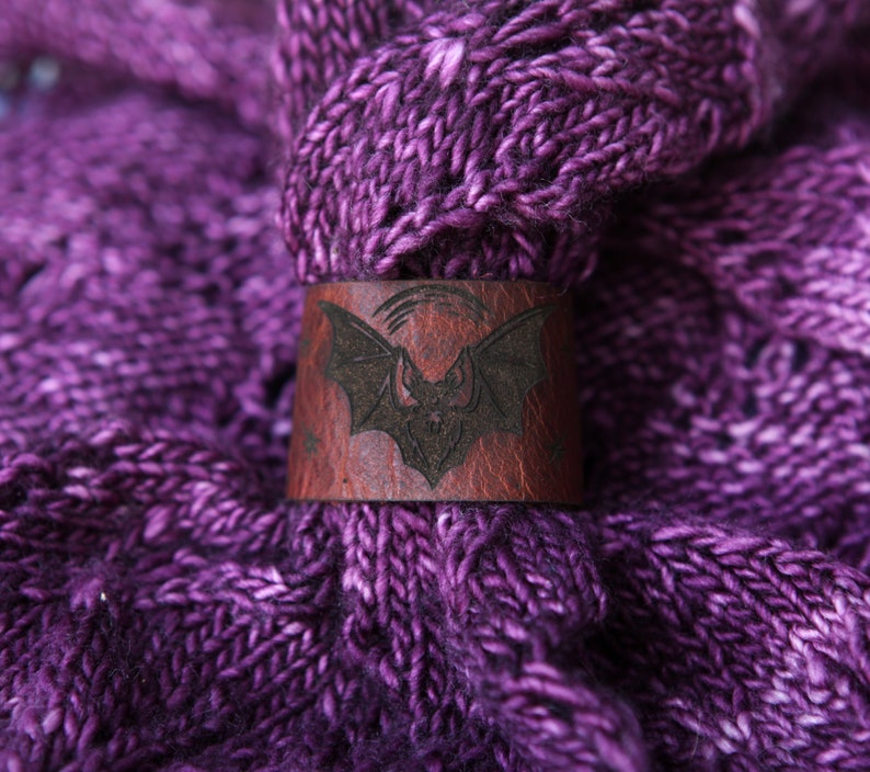 Vampire Bat under the Moon Shawl Cuff, made from leather with a bronze stud. Great for your knitted and crocheted scarves, shawls and cowls. image 1